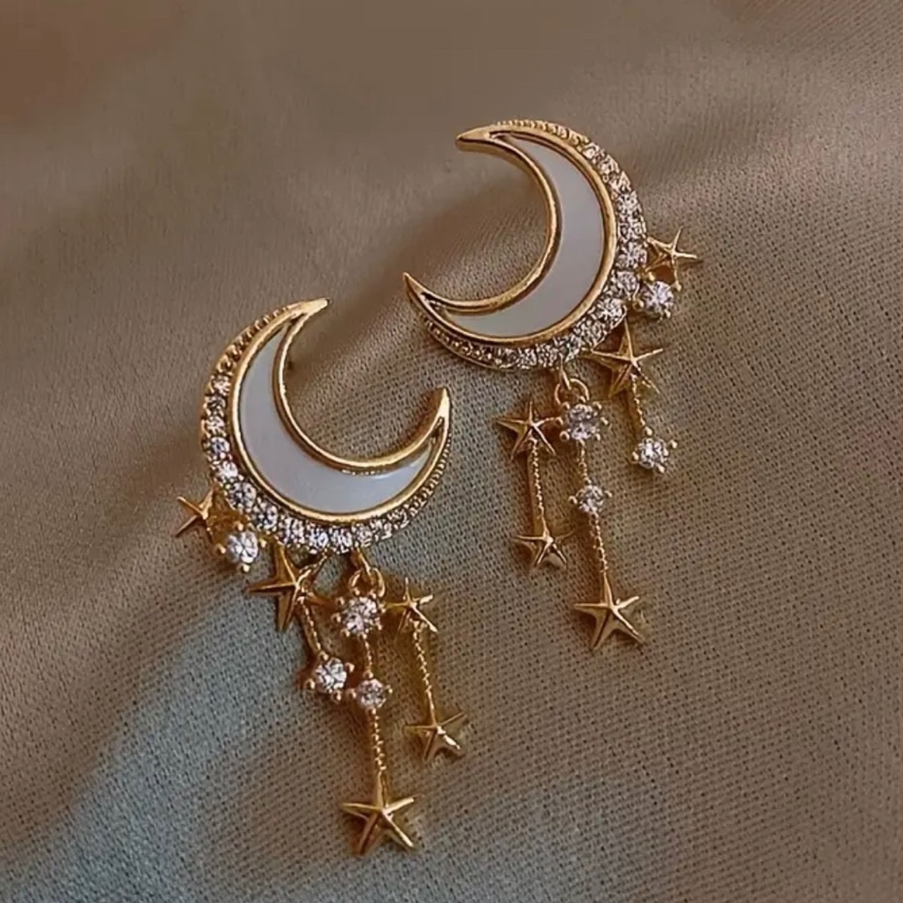 Elegant Gold and White Crescent Moon Dangle Earrings - Picture 1 of 1